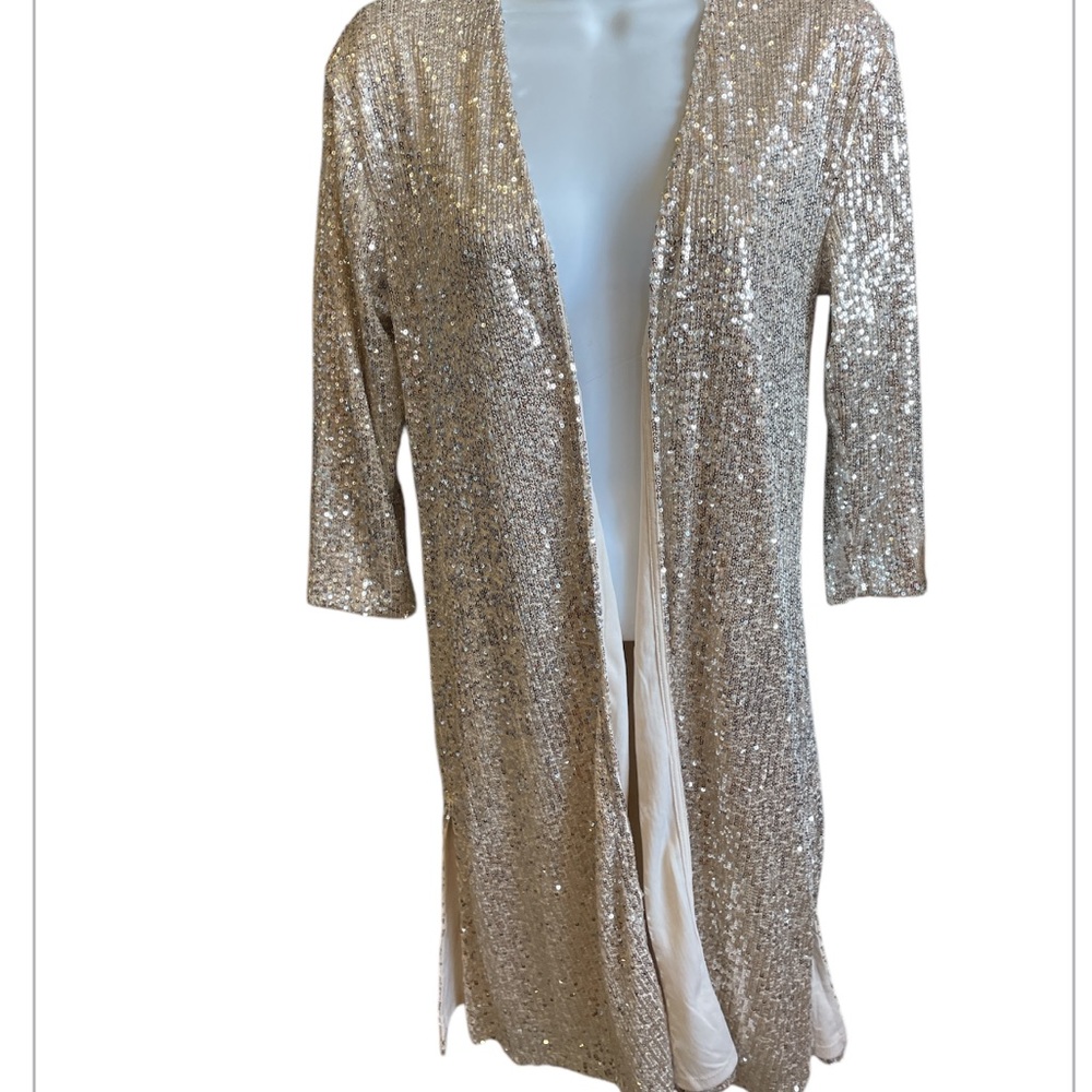 Maurice’s longer cardigan XS NWT special Occassion gold sequin duster